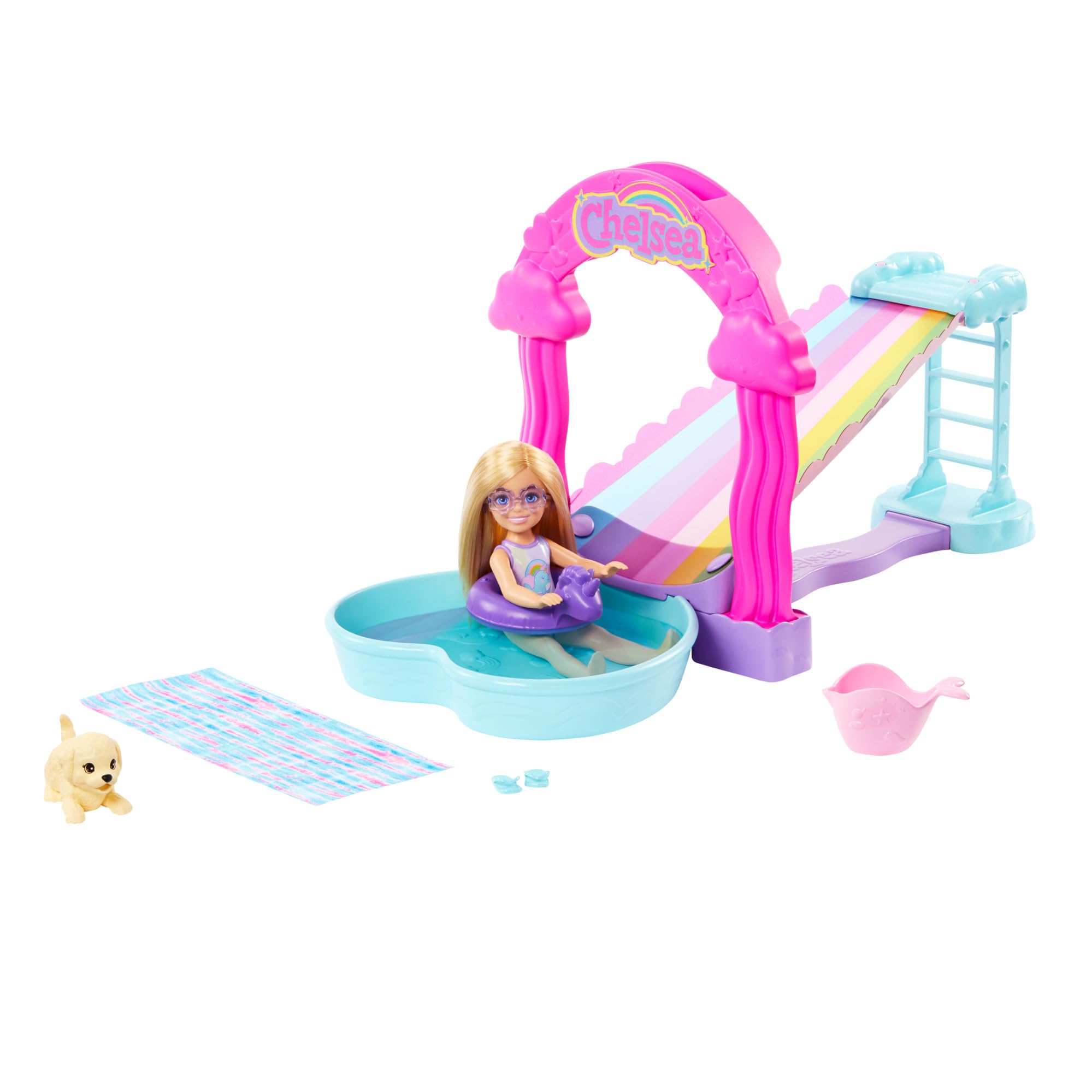 Barbie Chelsea Parque acuático tobogán arcoíris Muñeca con Set de Juego de Agua y Accesorios, Juguete +3 años (Mattel HTK39)