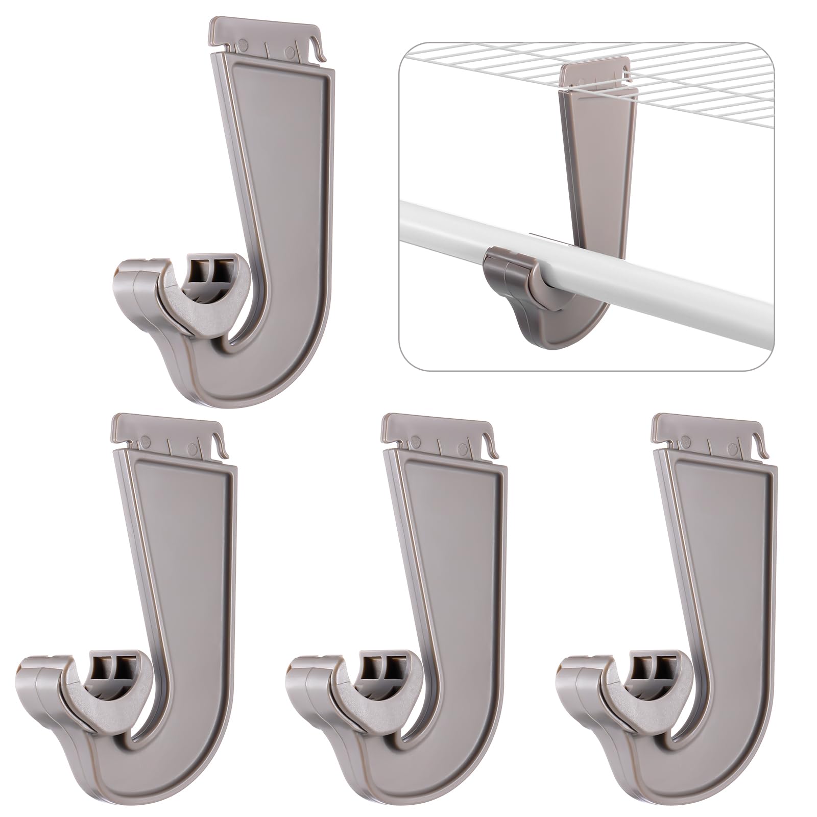 Wonderjune 4 Pcs Closet Rod Hooks, Snap-in J-shaped Rod Brackets, Champagne
