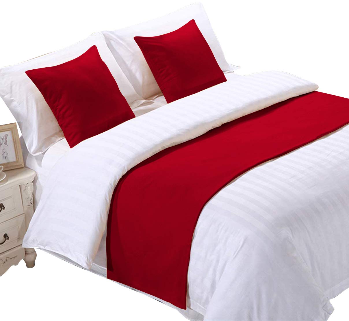 800 Thread Count Egyptian Cotton Bed Runner Decorative Bed Scarf 1 Piece Bed Runner & 2 Piece Matching Cushion Cover King Size [RED Solid]