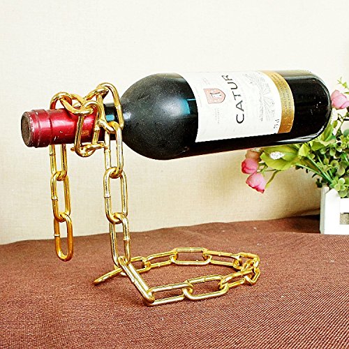 Roontin Creative Metal Chain Wine Rack,Retro Handicraft Home Decor Wine Bottle Holder (Golden)