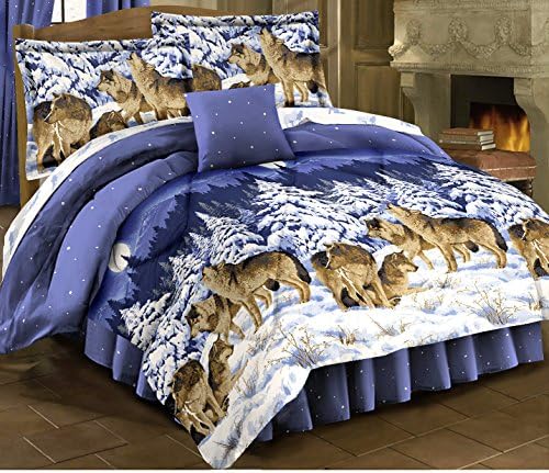 Midnight WOLVES Blue Comforter Set & Sheets Wildlife Lodge Cabin (Bed in A Bag) (8pc King Size)