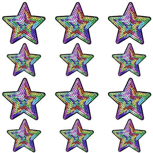 Weenkeey 12 Stück Stern Pailletten Patches Pentagramm Aufbügeln Applikationen Bling Stern Gestickte Aufnäher für Kleid Jeans Jacken Hüte Taschen Schuhe - 2 Größen Mehrfarbig