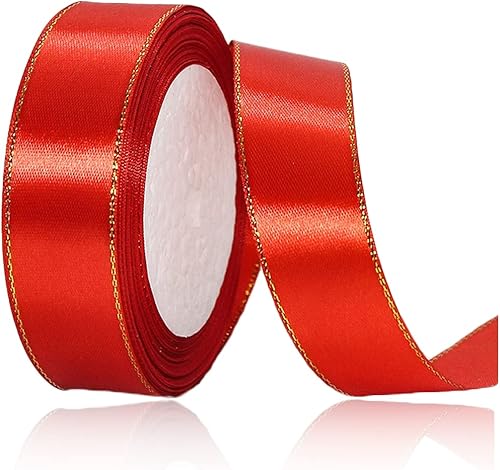 Cintas de satén rojo de 1 pulgada x 25 yardas, cinta de tela con bordes dorados para envolver regalos, manualidades, ramos florales, lazos para el