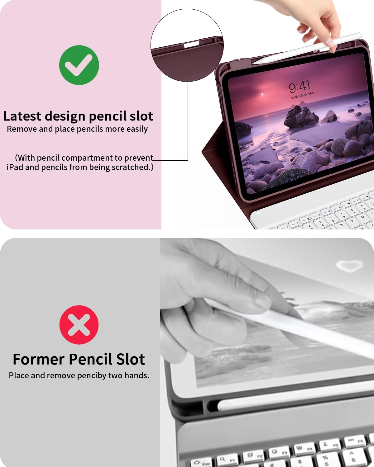 aoub for iPad (A16) 11th/10th Generation Case with Keyboard 2025/2022 - Detachable Wireless Keyboard, Folio Cover with Pencil Holder for iPad 11 inch / 10.9 inch, Wine