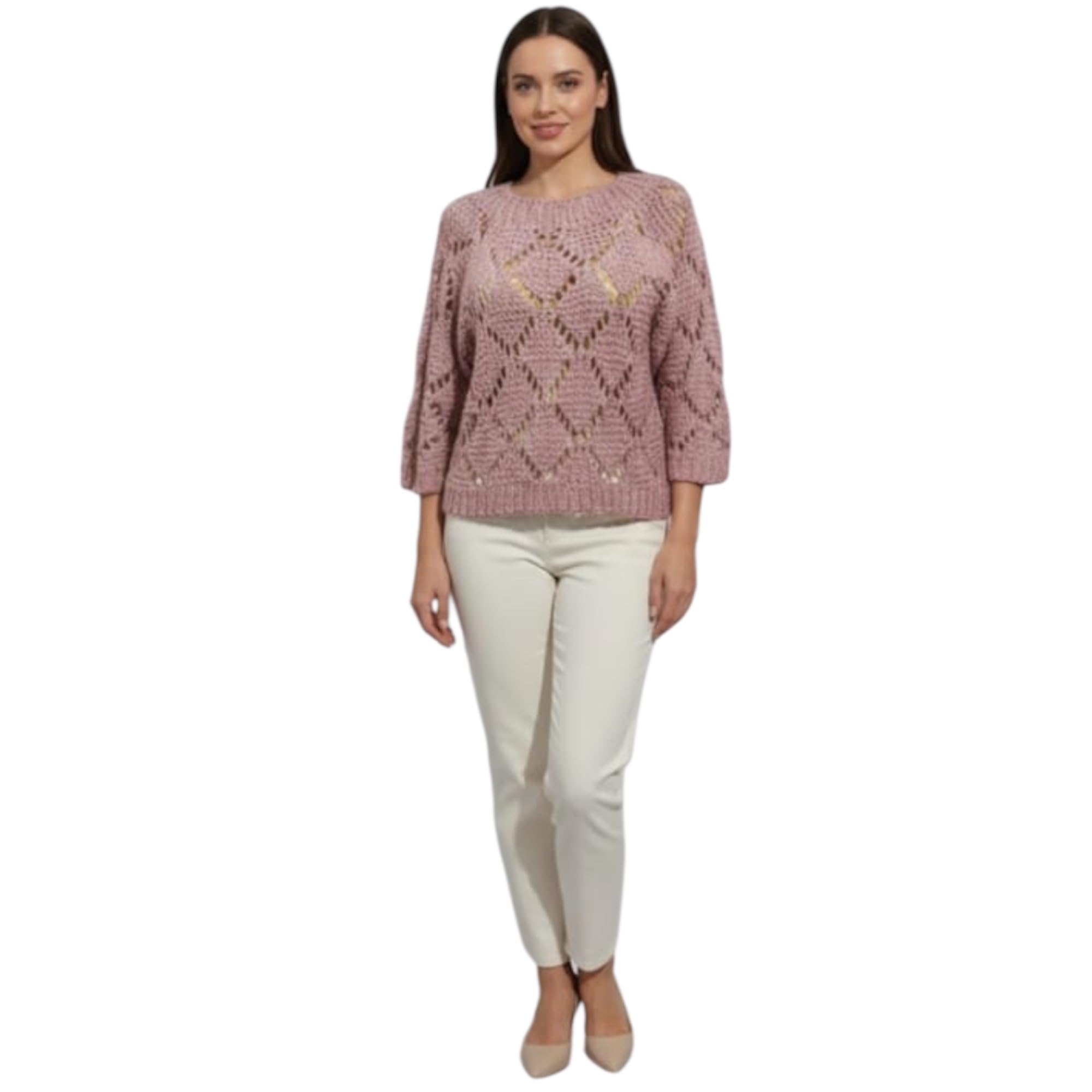Premium Women Open Knit Textured Sweater Elegant Three Quarter Sleeve Winter Pullover Boutique Single Piece Exclusive Soft Knit Top with Decorative Detailing Dusty Pink-picture-39