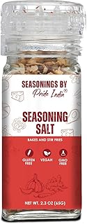 Pride of India Seasoning Salt Grinder 2.3 oz (65 gm) | Garlic Onion Spice Blend in Convenient Countertop Grinder | Spiced Pink Salt for Soup, Stews, Stir Fries | Vegan, Non-Bioengineered, Gluten Free