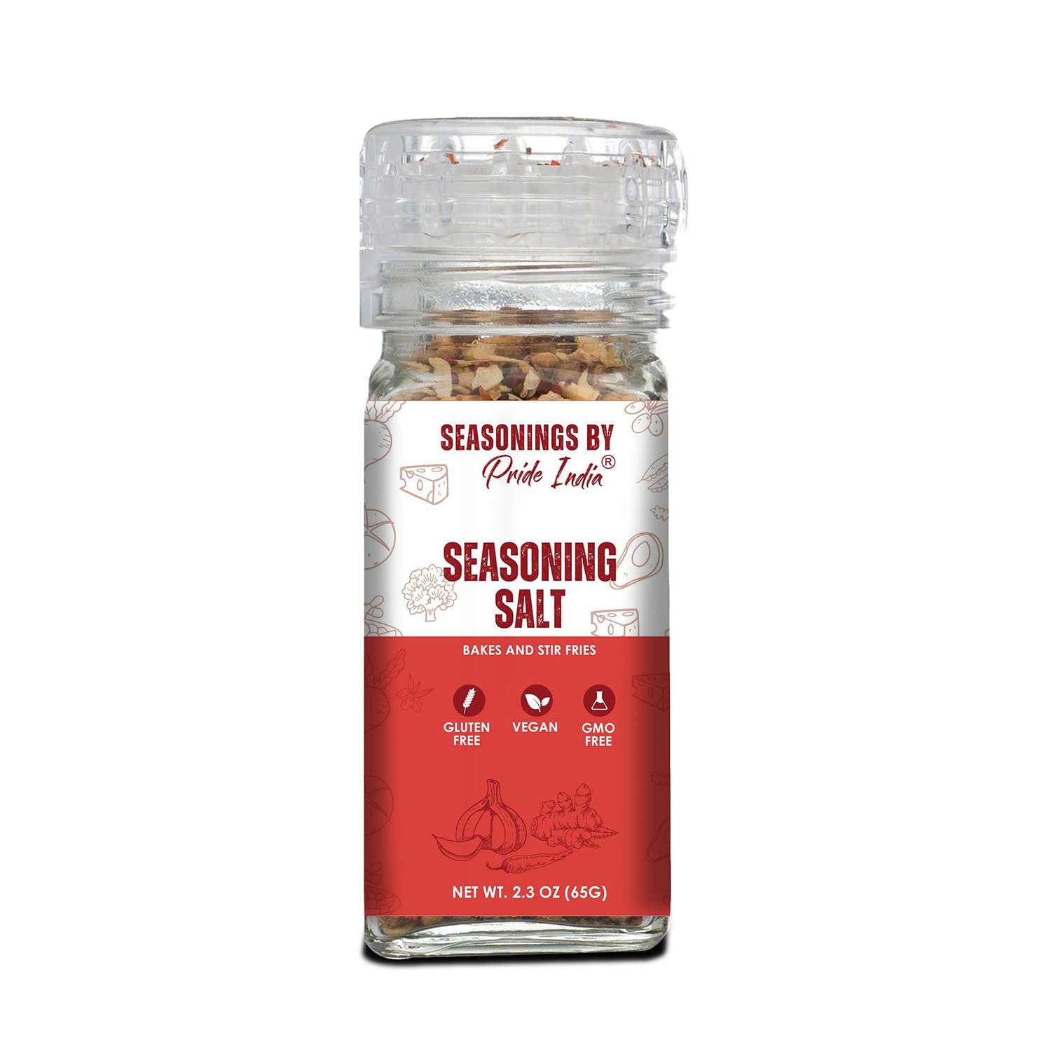 Pride of India Seasoning Salt Grinder 2.3 oz (65 gm) | Garlic Onion Spice Blend in Convenient Countertop Grinder | Spiced Pink Salt for Soup, Stews, Stir Fries | Vegan, Non-Bioengineered, Gluten Free