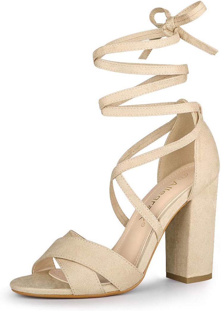 Allegra K Women Crisscross Front Block Heeled Lace Up Beige Sandals - 7.5 M US