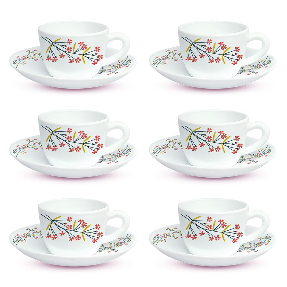 Larah by BOROSIL Silk Series Red Bud Opalware Cup and Saucer Set of 12 pcs | Tea/Coffee Cups 140 ml | Microwave & Dishwasher Safe, Bone-Ash Free | Crockery Set Ideal for Daily Use & Gifting, White