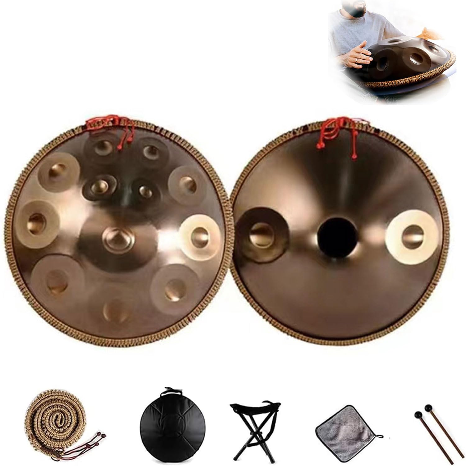 Tamburo a mano a 14 note, strumento a percussione armonica da 55,9 cm, con supporto, custodia, mazze e panno per la guarigione del suono e la meditazione personale