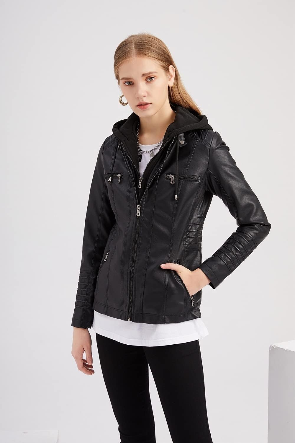 Damen Casual Stehkragen Abnehmbare Kapuze PU Leder Jacke Kunstleder Jacke