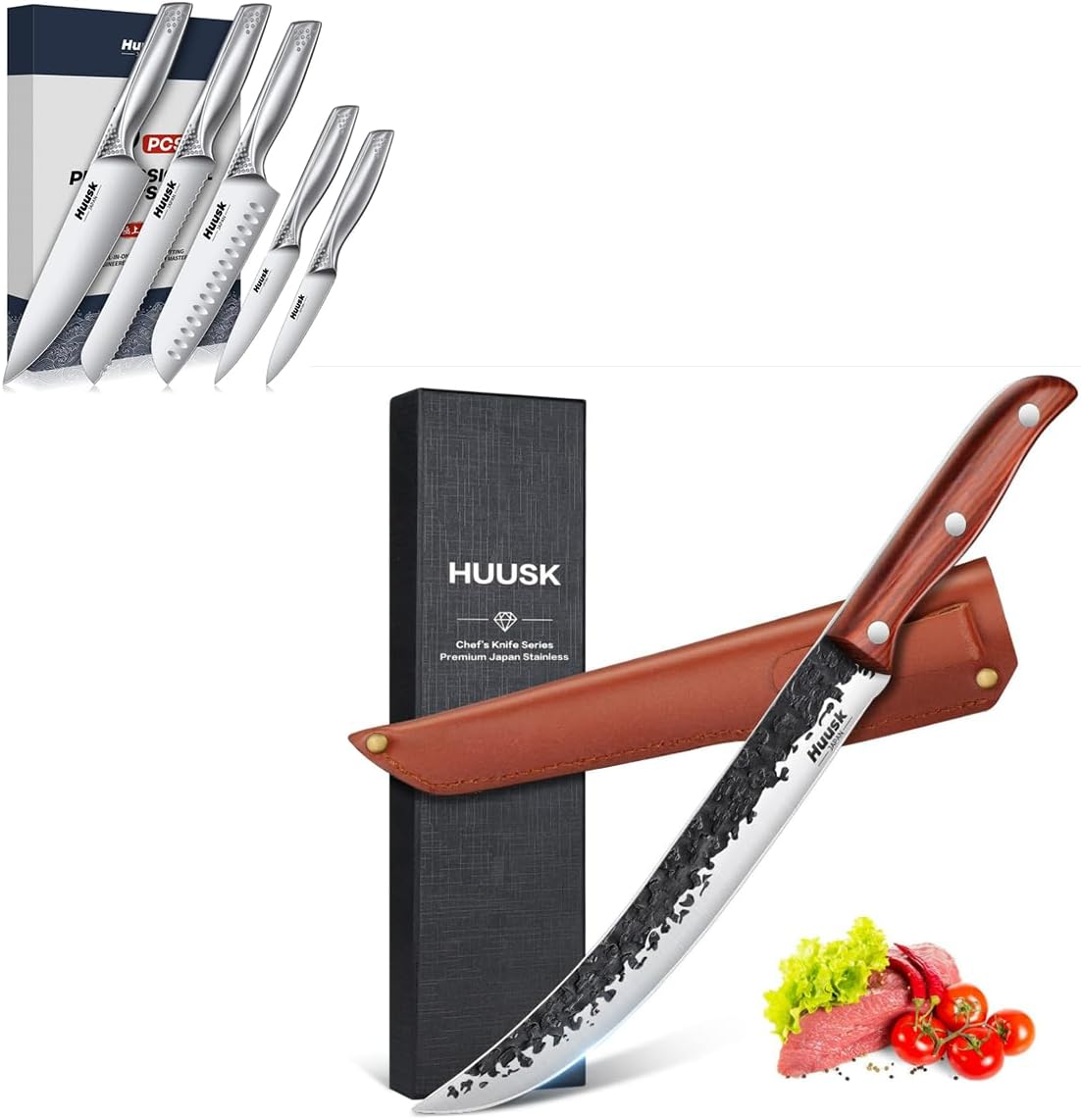 Huusk Japanese Chef Knife Set with Breaking Knife 8 Inch for Meat Cutting Set - 6 PCS Kitchen Knife Sets Hand Forged Butcher