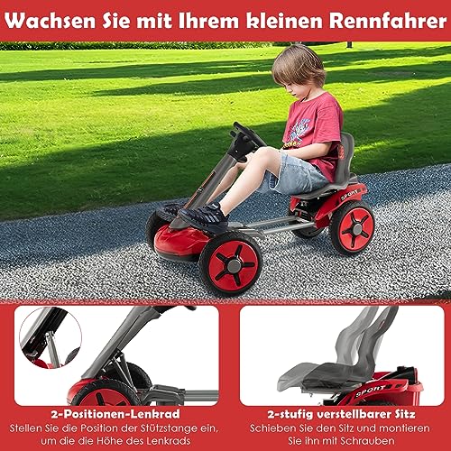 GOPLUS 12V Elektrisches Kinderfahrzeug, Gokart mit verstellbarem Lenkrad und Sitz, LED-Lichter, Klappbares Design, Tretauto zum Reiten für Jungen und Mädchen von 2-5 Jahren (Rot) – Bild 3