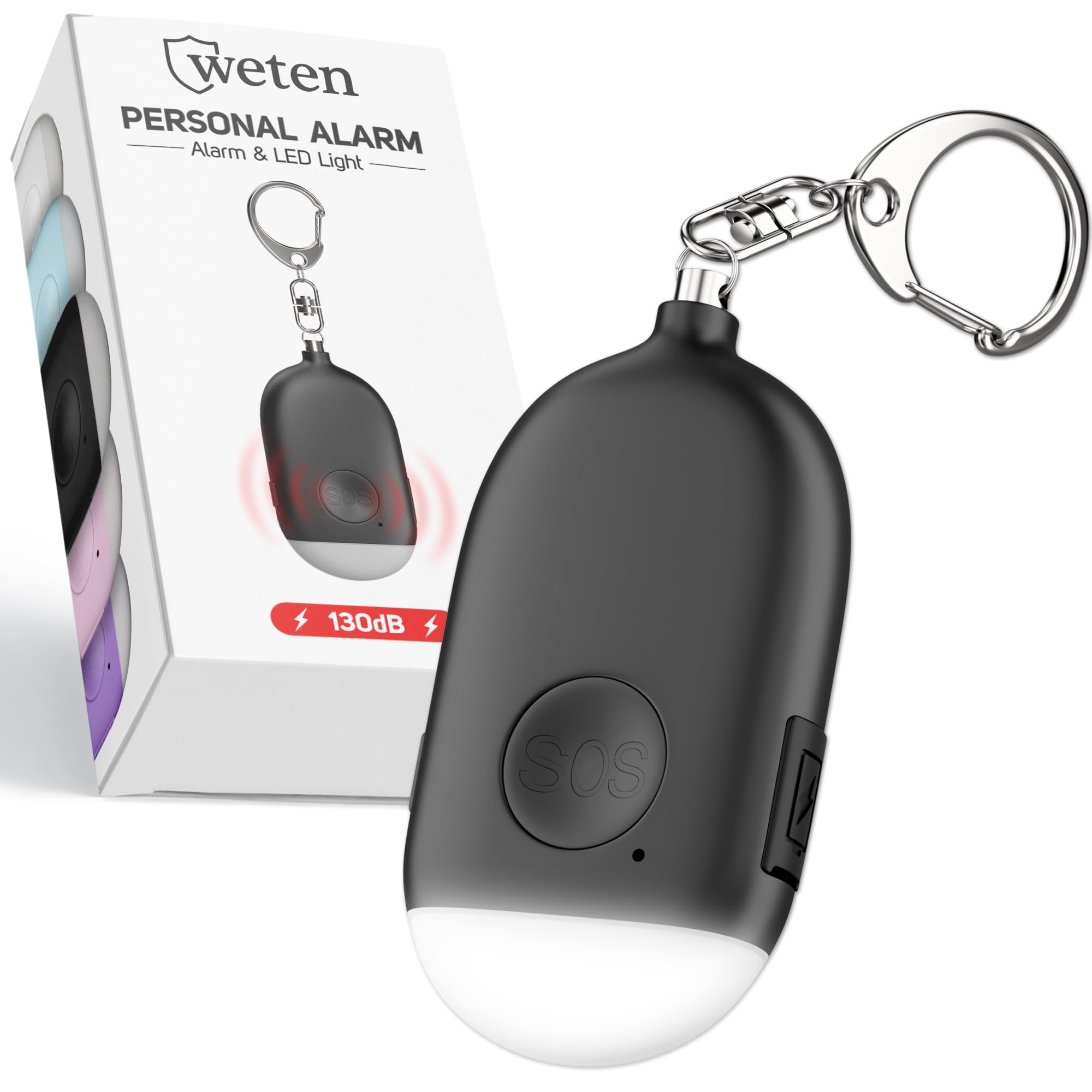 WETEN Personal Alarm Keychain for Women Self Defense - USB Rechargeable 130 dB Loud Safety Siren Whistle with LED Light – Panic Button or Pull Pin Alert Device Key Chain (Black) A - Black