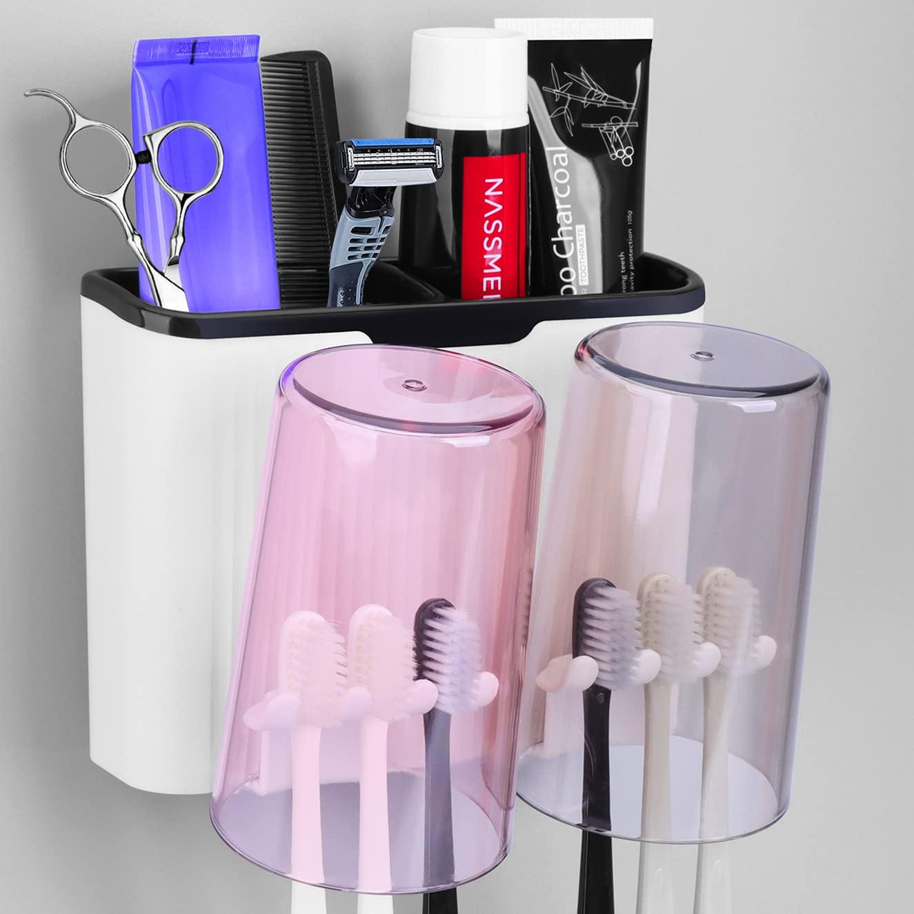 AOZZO Toothbrush Holder Wall Mounted, Multifunctional Electric Toothbrush Holders with 2 Cups and 6 Toothbrush Slots for RV Bathroom Countertop Space Saving Storage