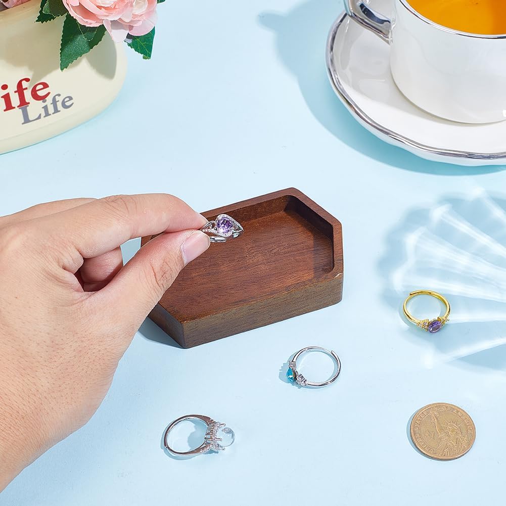 1Pc Wood Rings Display Tray 3.66x2.17x0.73 Inch Wooden Jewelry Dish Decorative Bracelets Display Dishes Hexagon Rings Tray Brown for Women Beacelets Necklaces Earrings Jewelry Storage - Image 4