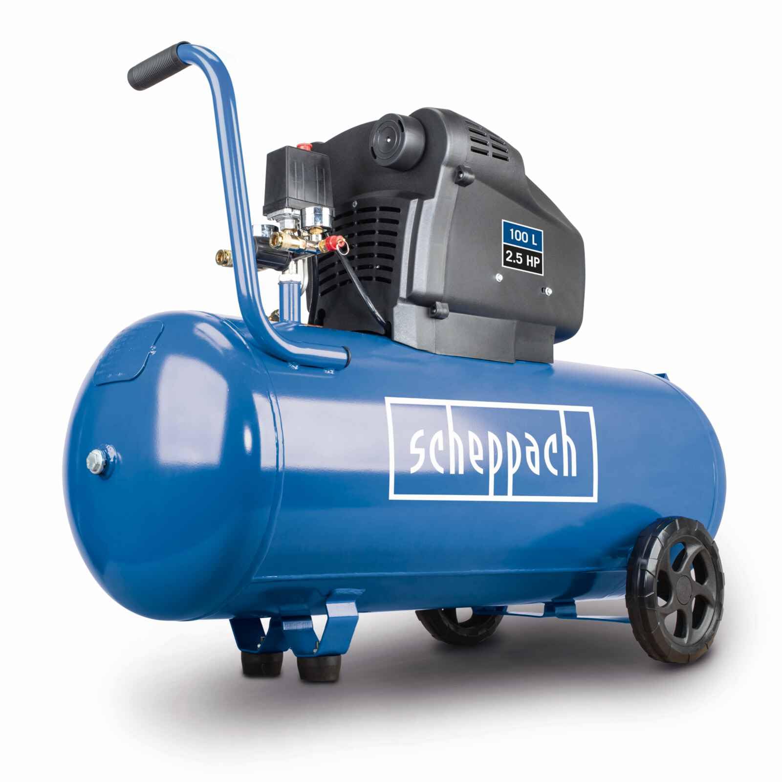 Scheppach Kompressor HC105DC ölfrei mit Doppelzylinder, 100L Kessel & 10bar | Ansaugleistung 322 L/min | Leistung 2,5PS / 1800W | 2 Schnellkupplungen, Fahrvorrichtung, Druckminderer, Vibrationsgedämpft