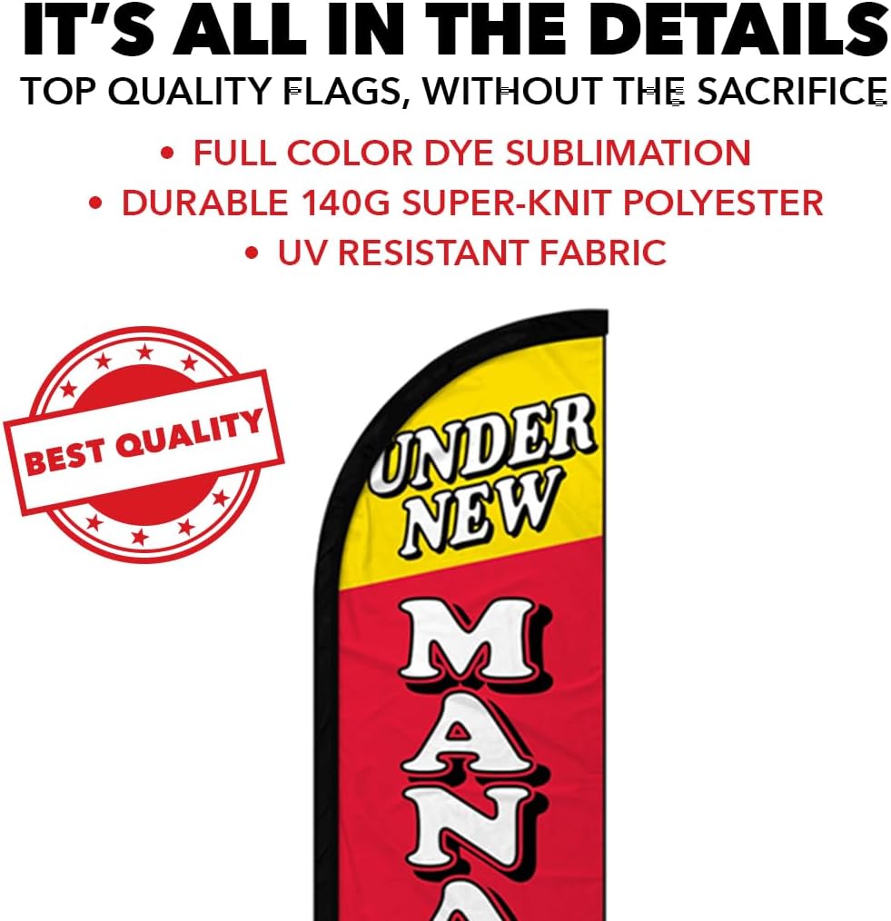Under New Management Windless Banner Advertising Flag - Perfect for Retailers, Businesses, Stores, Shops, Restaurants, Dealerships