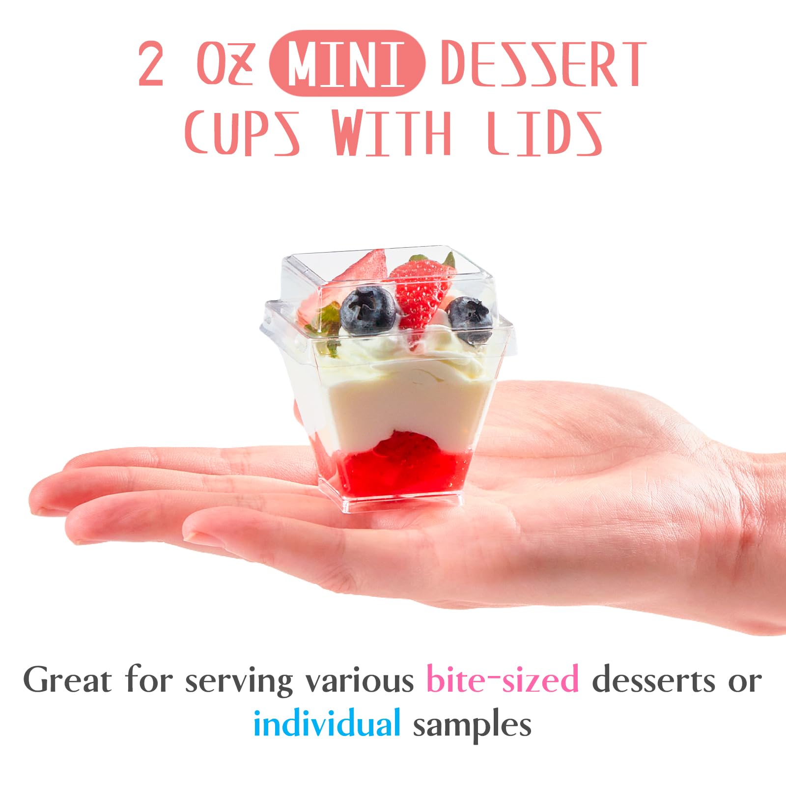 Mini vasos de postre de 2 onzas con tapas y cucharas, paquete de 100 vasos de plástico para postres, tazas cuadradas pequeñas para servir para fiestas, pudín individual