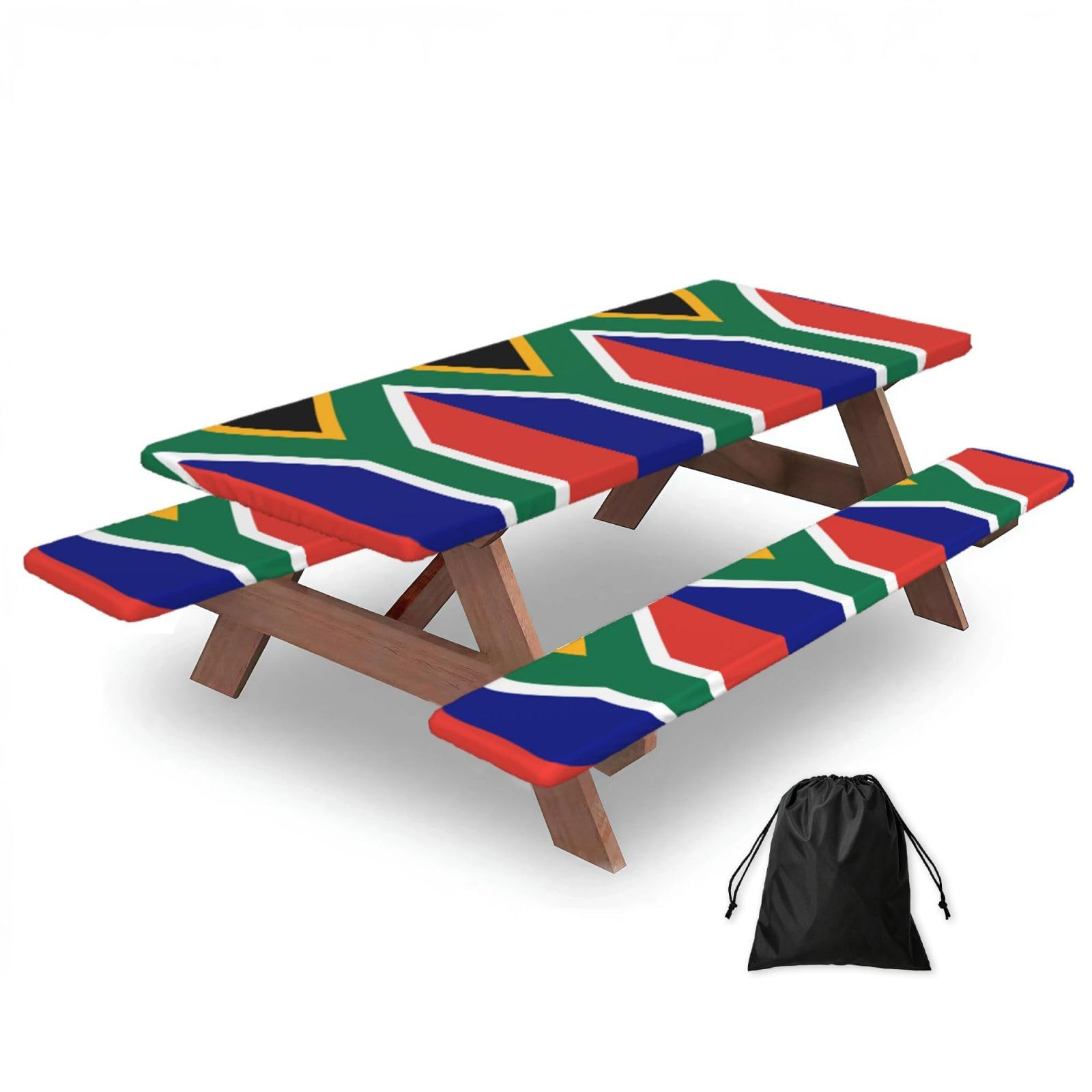 Hhbiuuo Black 72In Camping Table Cover & Bench Covers 3-Pack Set, South African Flag Print Tablecloths, For Rectangle Tables Picnic