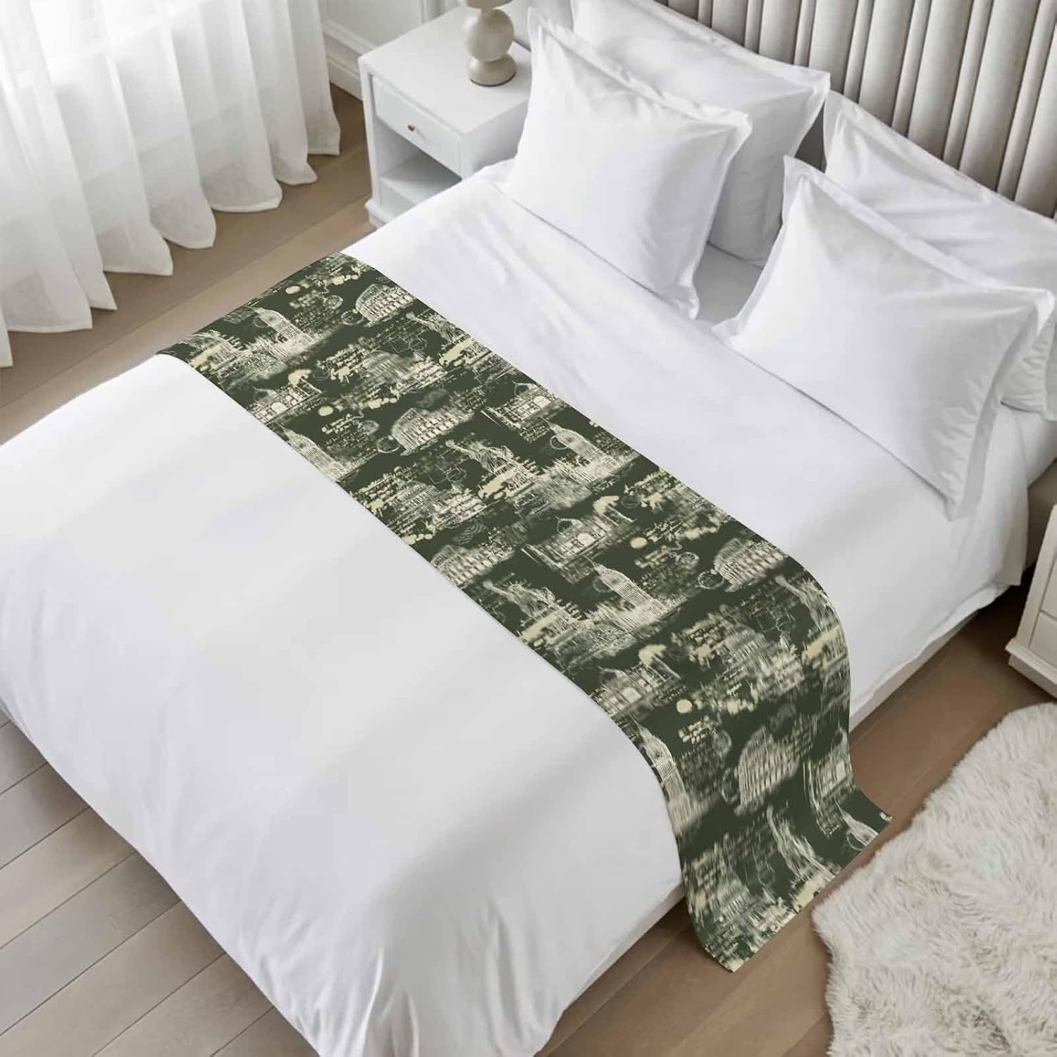 Green Architecture Bed Runner Twin Size, Abstract City Vintage Modern Art Bed Scarf Protector Slipcover for Bedroom Wedding Room Hotel, Bedding Runner Throws for Foot of Beds 71"x20"