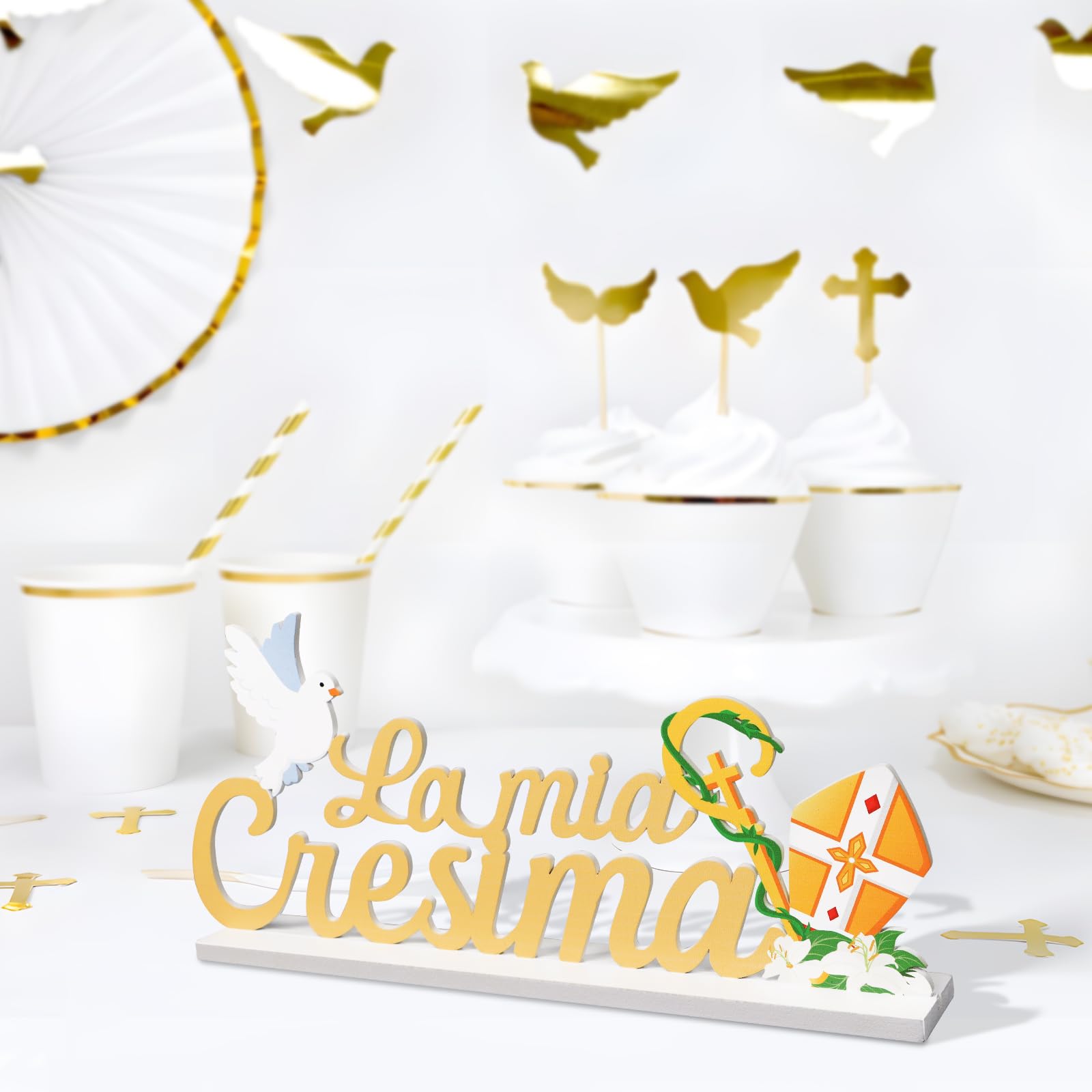 Holzan – Set Di 3 Decorazioni Da Tavolo In Legno Di Faggio, Per Comunione, Cresima, Battesimo, Compleanno, Con Motivi Cuore, Happy Birthday E Cerchi