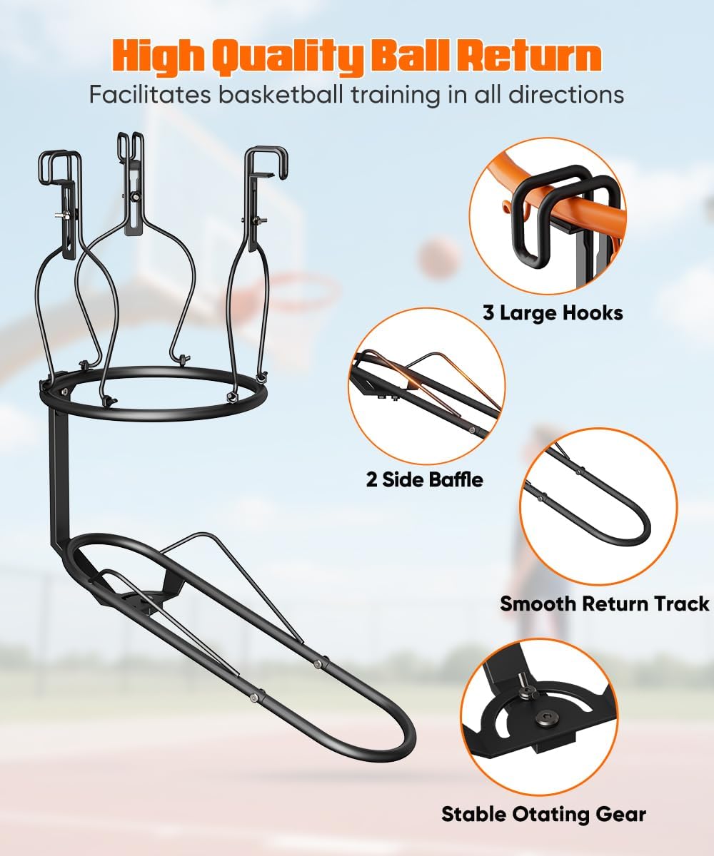 mocomax Basketball Return Attachment, 180° Rotatable Basketball Rebounder with 3 Stable Large Hooks for 18" Rim, Basketball Training Accessories for Outdoor & Indoor Solo Play & Practice