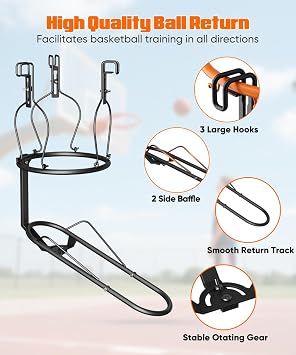 mocomax Basketball Return Attachment, 180° Rotatable Basketball Rebounder with 3 Stable Large Hooks for 18