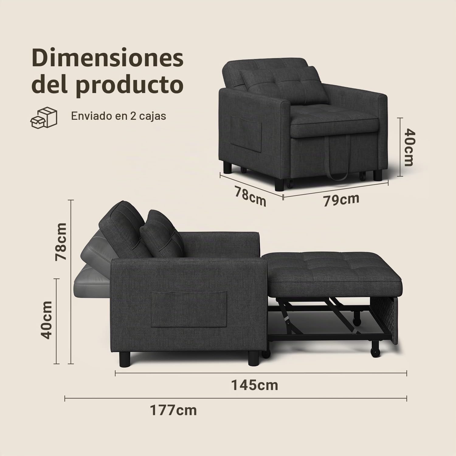 Xbro Sofá Cama Convertible Sillón Cama Plegable 3 en 1 con función de Cama, sofá Cama Ajustable con cojín y Saco, sillón con función de Dormir para apartamento pequeño (Gris Oscuro)