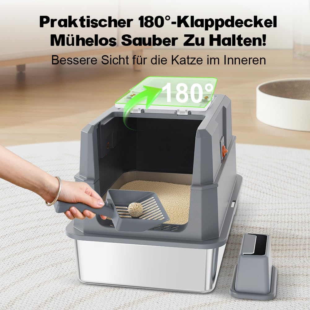 SZEE XL Edelsthal Katzenklo mit 180° Klappdeckel, Große Geschlossene Katzentoilette Edelstahl mit Deckel, Stainless Steel Cat Litter Box with Scoop-59x38x38cm, Dunkelgrau