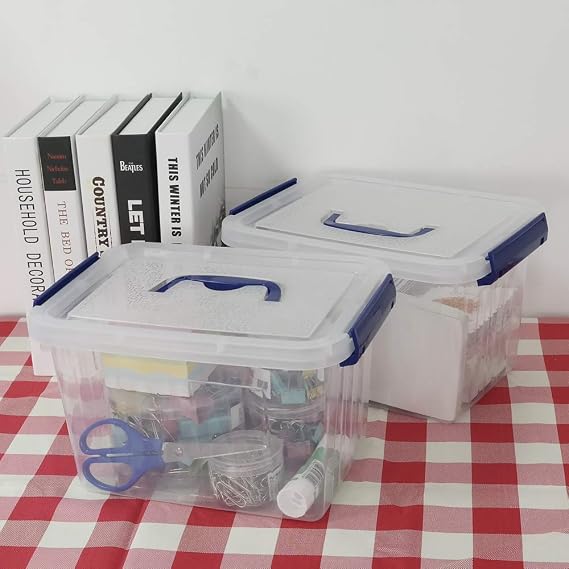 Ggbin 4 Pack 6 Quart Latching Storage Box, Small Lidded Storage Container Bin with Handle, Clear