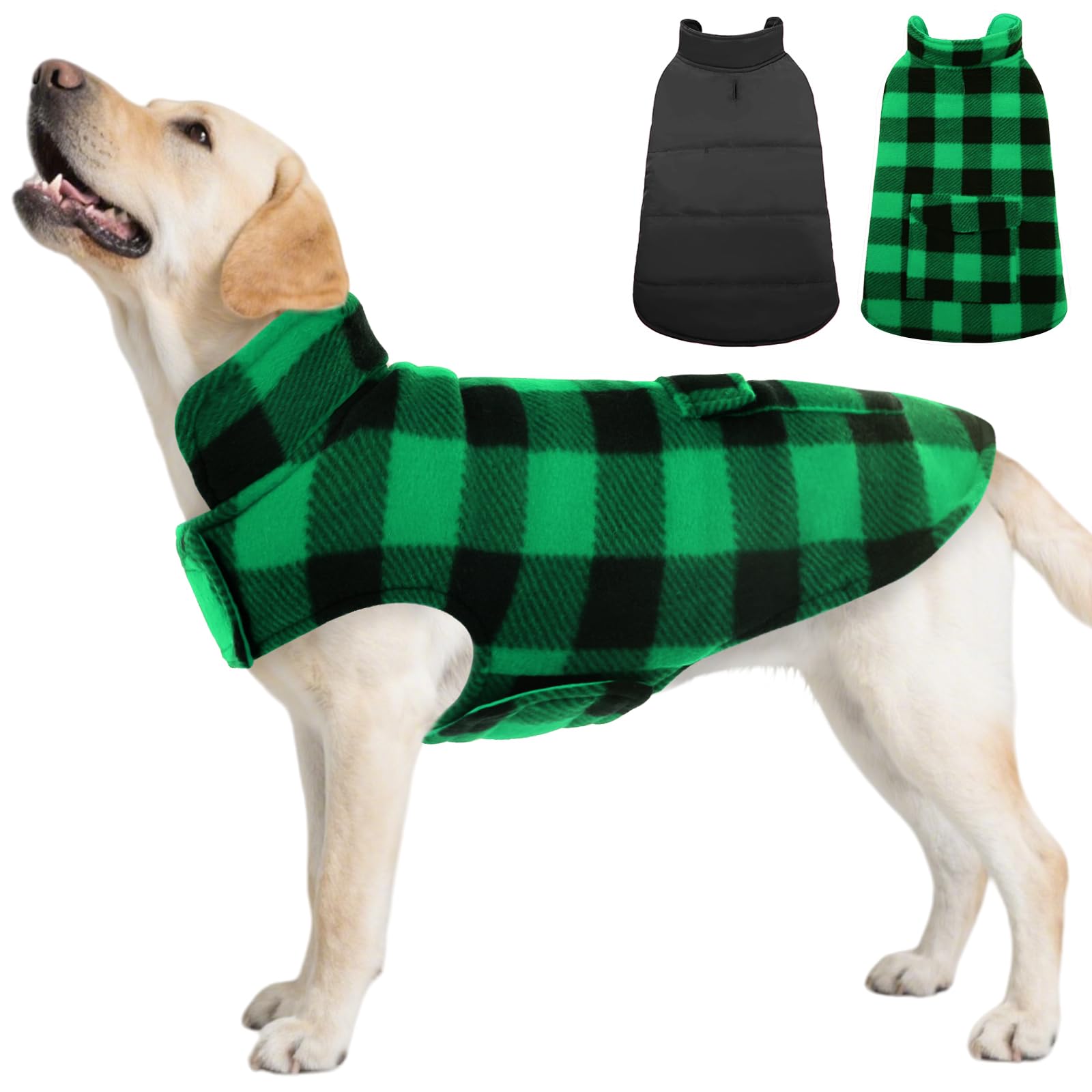 ASENKU Warm Waterproof Dog Coat Winter Fleece Dog Jackets Tartan Dogs Coat with Harness Hole Plaid Reversible Dog Vest for Small Medium Large Dogs 3XL