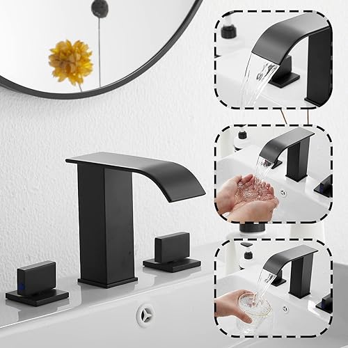 Miniatura 4 de Grifo de baño negro mate extendido GGStudy 3 agujeros 2 manijas cascada negra moderna grifo de lavabo de baño con drenaje desplegable