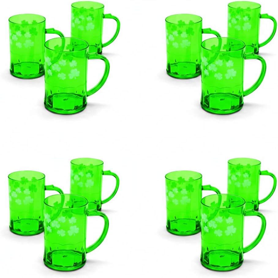 Fun Express St. Patrick's Day Shamrock Mugs - Premium Reusable Hard Plastic Party Cups Set of 12 | 14 oz Green Drinkware for Irish Celebrations, St Paddys Day Decorations & Party Supplies