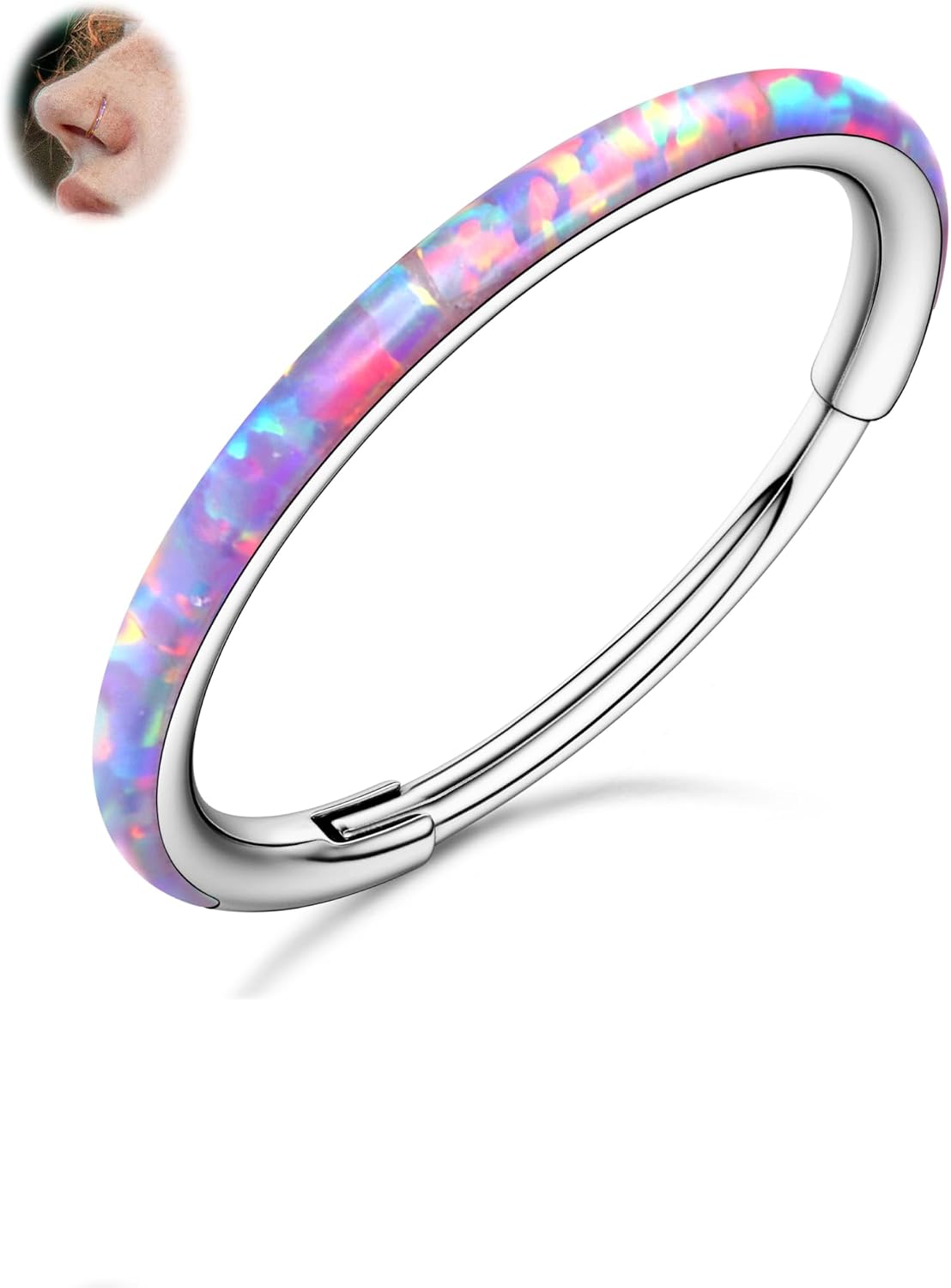 BodyBonita 16G Opal Septum Ring - 316L Surgical Steel, Clicker Hoop, 8mm Inner Diameter, For Nose & Ear Piercings