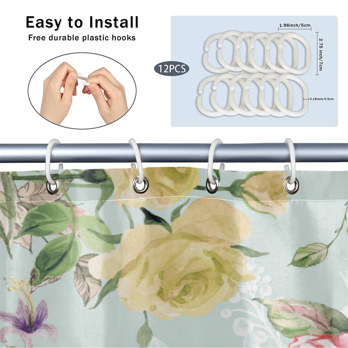 Kzzfqxb 180x200cm Tende da doccia floreali con ganci, erbe botaniche fiori gialli rosa foglie verdi steli impermeabili occludenti per il Vasca, elegante tessuto in poliestere per Bagno
