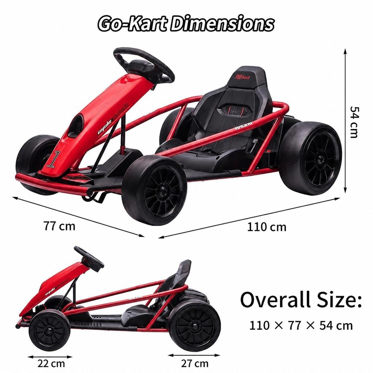 Go-Kart eléctrico Infantil 24V Doble Motor 300W con función Drift, Asiento Ajustable, música, claxon, Arranque Suave, hasta 13km/h y 70kg, para 6-12 años, Color Rojo