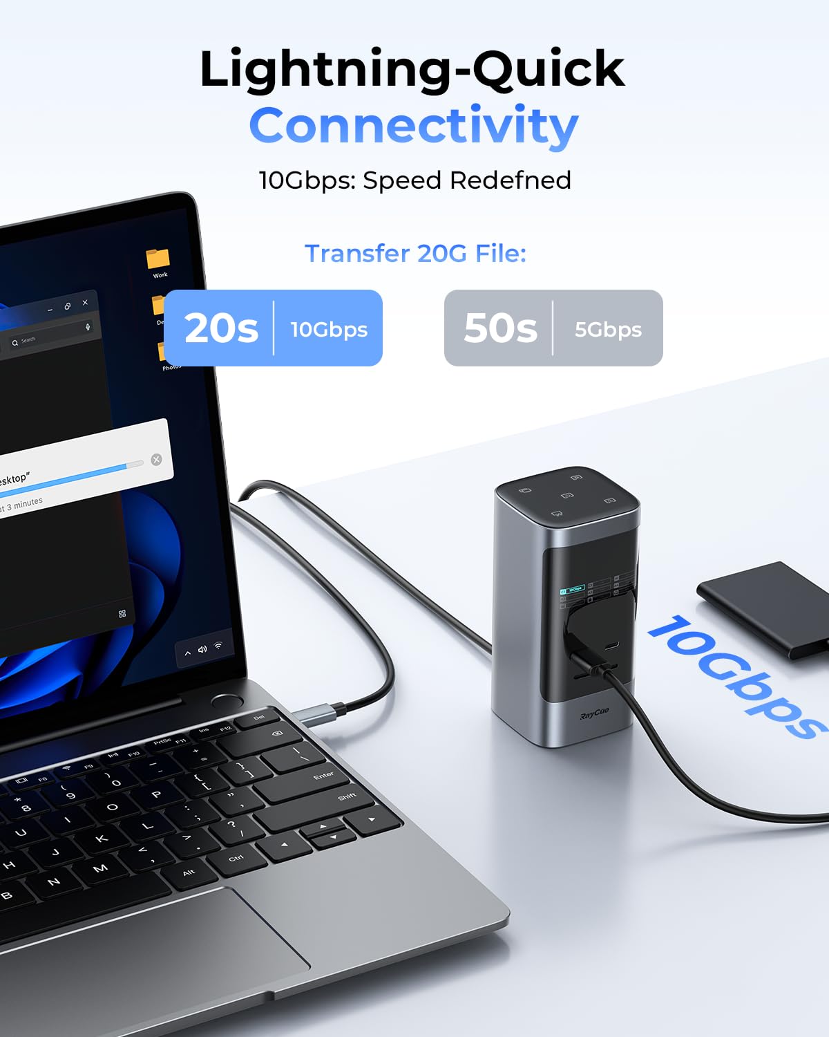 RayCue Estación de Acoplamiento USB C, Pantalla Triple 15 en 1 con 5 Botones de Acceso Directo, Pantalla Inteligente, DP y HDMI, 10 G USB A/C, Gigabit Ethernet, 100 W PD, Audio, estación de