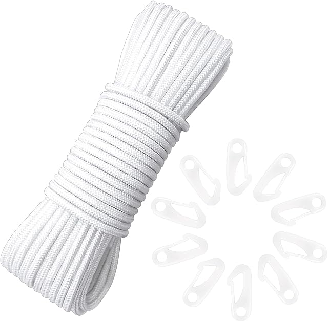 Heilok 49ft Nylon Flag Rope Flagpole Rope 6mm Thick White Flagpole Halyard Rope With 10 PCS Flag Pole Clips Durable Multifunctional Nylon Rope For Flag Sailing Rigging Hanging Clothes Garden Outdoor