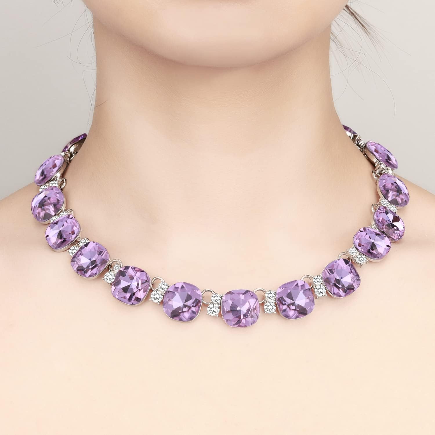 Clear Purple Austrian Crystal Wedding Bridal Jewelry Set for Brides Bridesmaid, Gemstone Statement Necklace and Earring Set Formal Prom Jewelry Set for Silver-Tone Fit With Wedding Evening Dress - Image 5