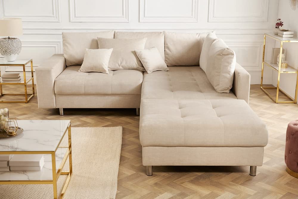 riess-ambiente.de Elegante Wohnlandschaft Kent 220cm Champagner beige Samt Ecksofa Federkern inkl. Hocker und Kissen