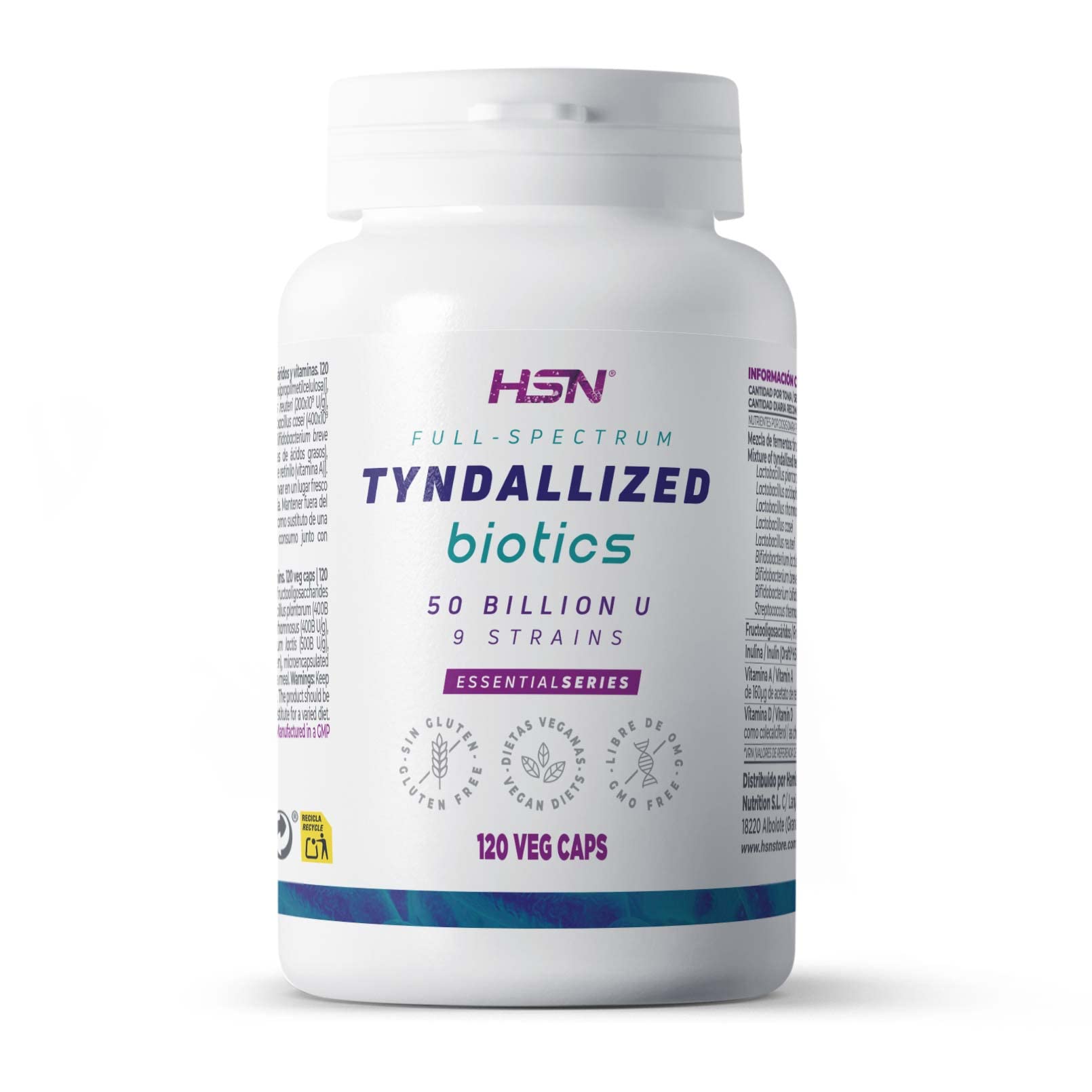 HSN Biotics Fermentos Tindalizados 50B Psicobiótico | 120 Cápsulas Veganas | 9 Cepas (Lactobacillus, Bifidobacterium, Streptococcus) | Prebióticos Inulina y FOS | Vitaminas A y D | Microbiota