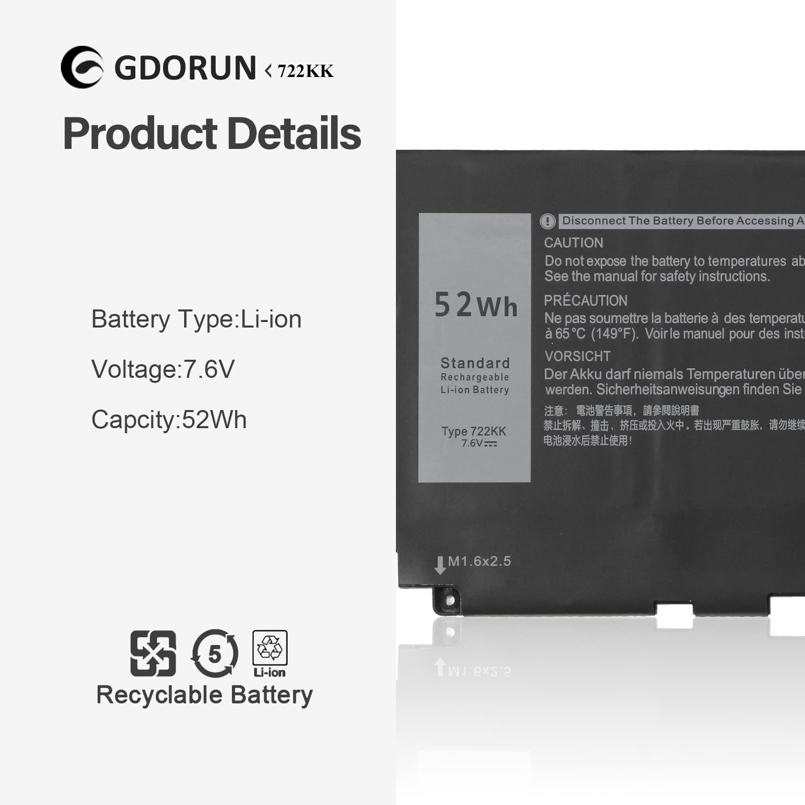 GDORUN 52Wh 722KK Laptop Batteria per Dell XPS 13 9300 9310 9380(2020 Edition) P117G P117G002 P117G001 0WN0N0 WN0N0 02XXFW 2XXFW FP86V 2ICP4/60/80-2 7.6V 6800mAh 4-Cell Notebook Battery Replacement