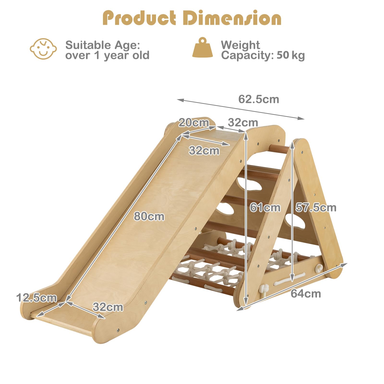 HOMASIS 4 in 1 Klettergerüste mit Rutsche, Kletterdreiecke für Kinder, Spielplatz aus Holz, Montessorie Kletterspielzeug für Kinder ab 1+ Jahren, Sprossendreieck Max. Kapazität 60 kg (Holzfarbe)