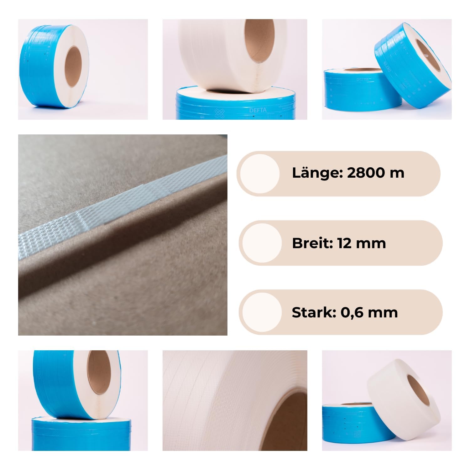 Nastro Reggetta in Polipropilene PP – 1 Rotolo 2800m Bianco, 12mm Larghezza, 0,6mm Spessore, Resistenza 158kg – Ideale per Macchine Reggiatrici Automatiche e Manuali
