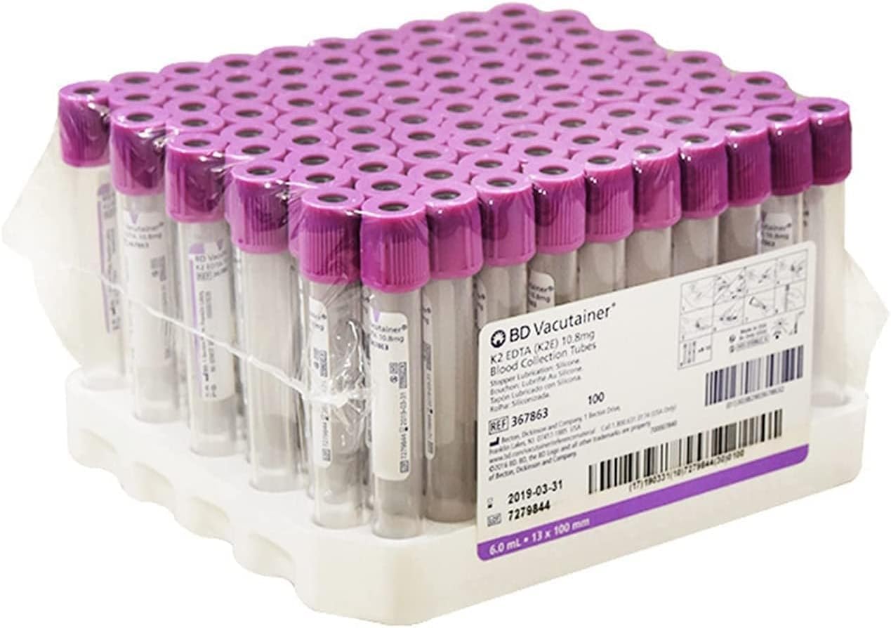 100 szt. 6 ml probówek do próżniowego pobierania krwi, probówki wirówkowe EDTA, szklane probówki na krew, probówki Vacutainer, probówki laboratoryjne z fioletową zakrętką do szpitali.