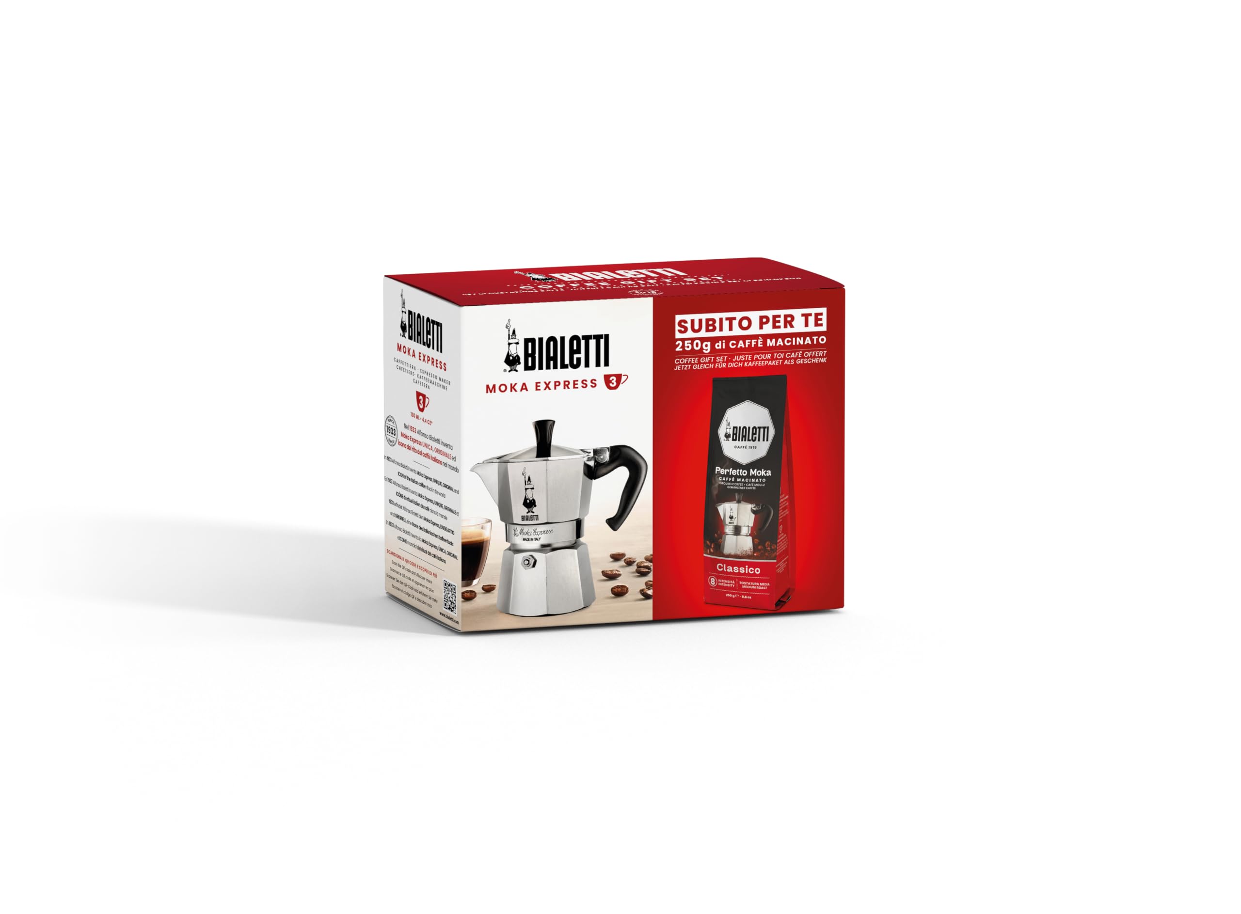 Bialetti Caffettiera Moka Express 3 Tazze, più Una Confezione da 250g di Perfetto Moka Classico Bialetti, Non Adatta a induzione, 3 Tazze (130 ml), Alluminio
