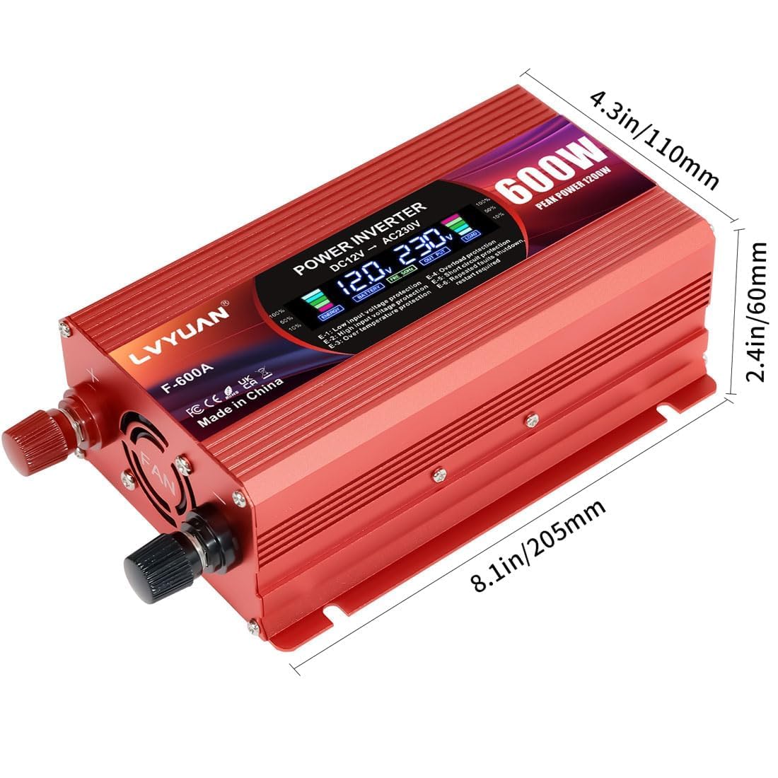 LVYUAN 600W/ 1200W Convertidor de tensión CC 12 V a CA 220V Convertidor de Corriente Inversor para Coche, Autocaravana, camión