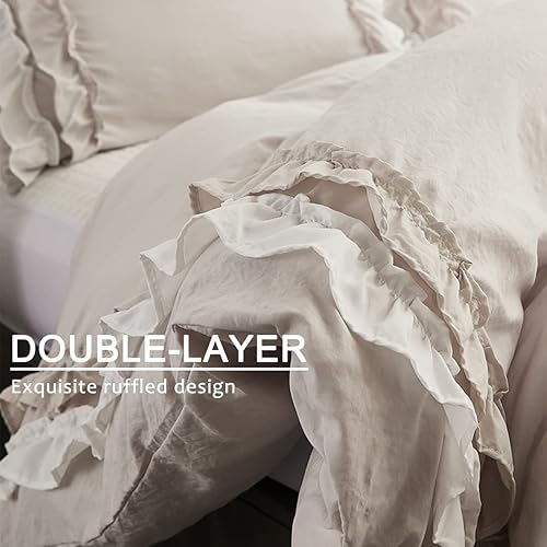 Miniatura 4 de Juego de ropa de cama con volantes beige para mujeres y niñas, juego de funda de edredón con volantes, funda de edredón lisa Shabby Chic de doble