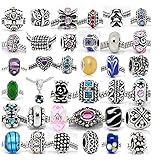 (20 Beads Mix) Pack of Assorted Silver Tone Charms, Rhinestones Bead Charms, Murano Glass Beads and Spacers